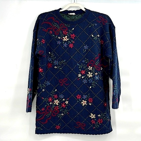 Vintage whimsical floral navy sweater 90s size medium - Picture 1 of 8